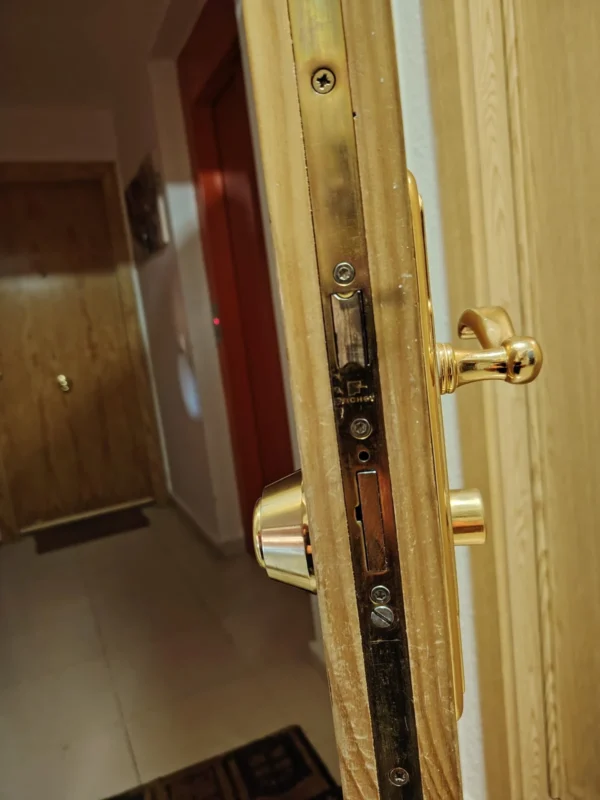 Cerradura Fichet Alicea multipunto vista en el canto de la puerta, instalación en Madrid